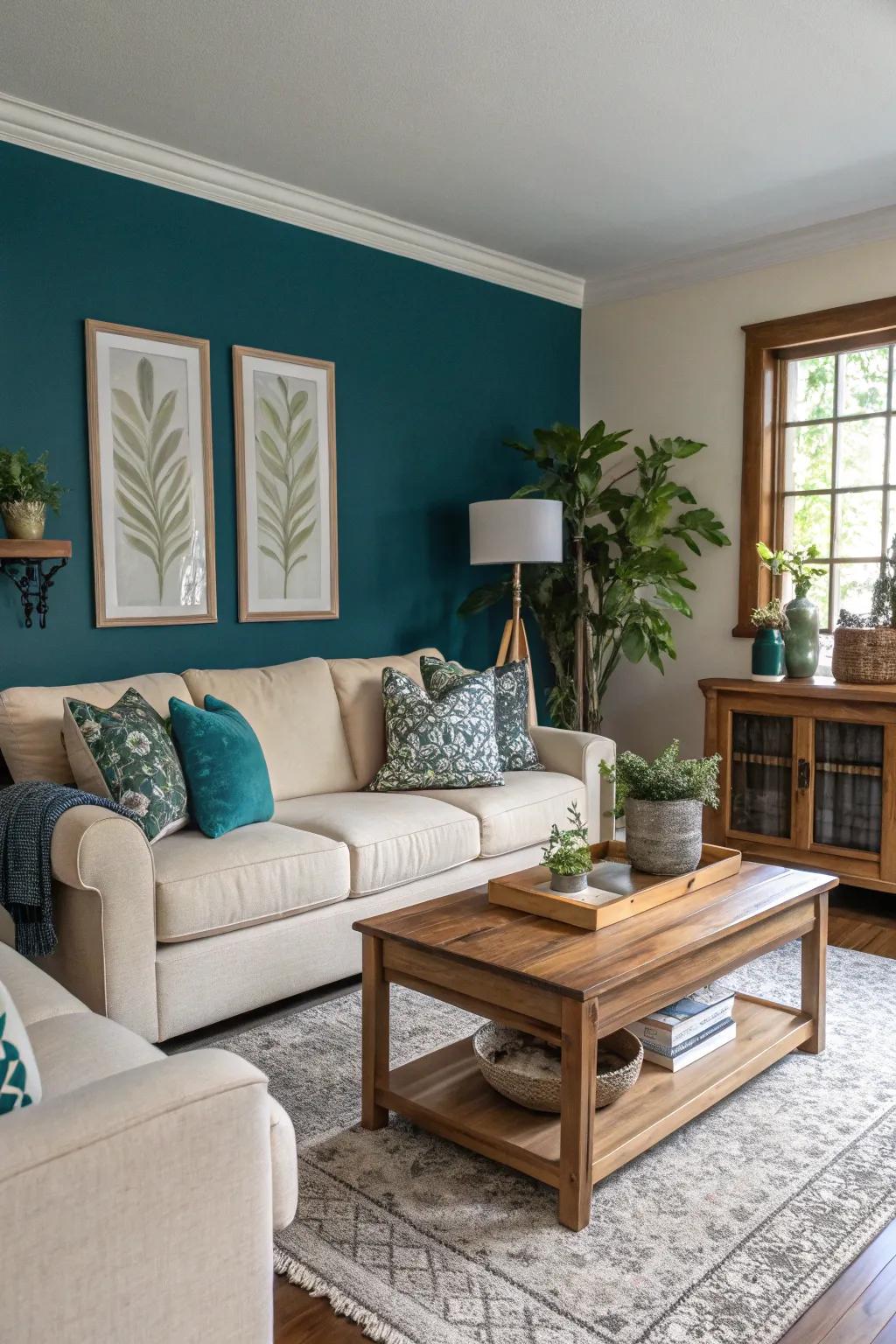 A bright living room made even more appealing by a bold teal wall.