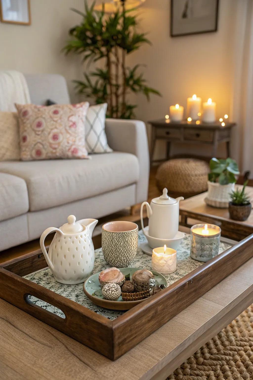 A stylish ornamental tray adorns a useful coffee table.
