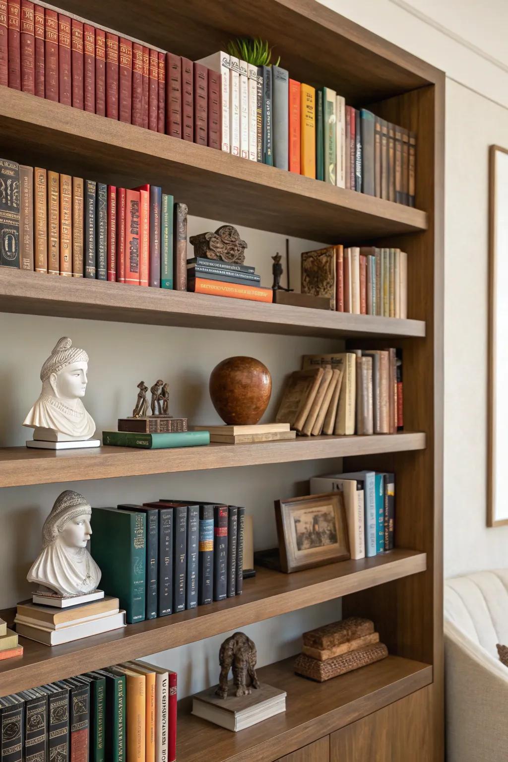 A shelf is arranged with sculptures and books.