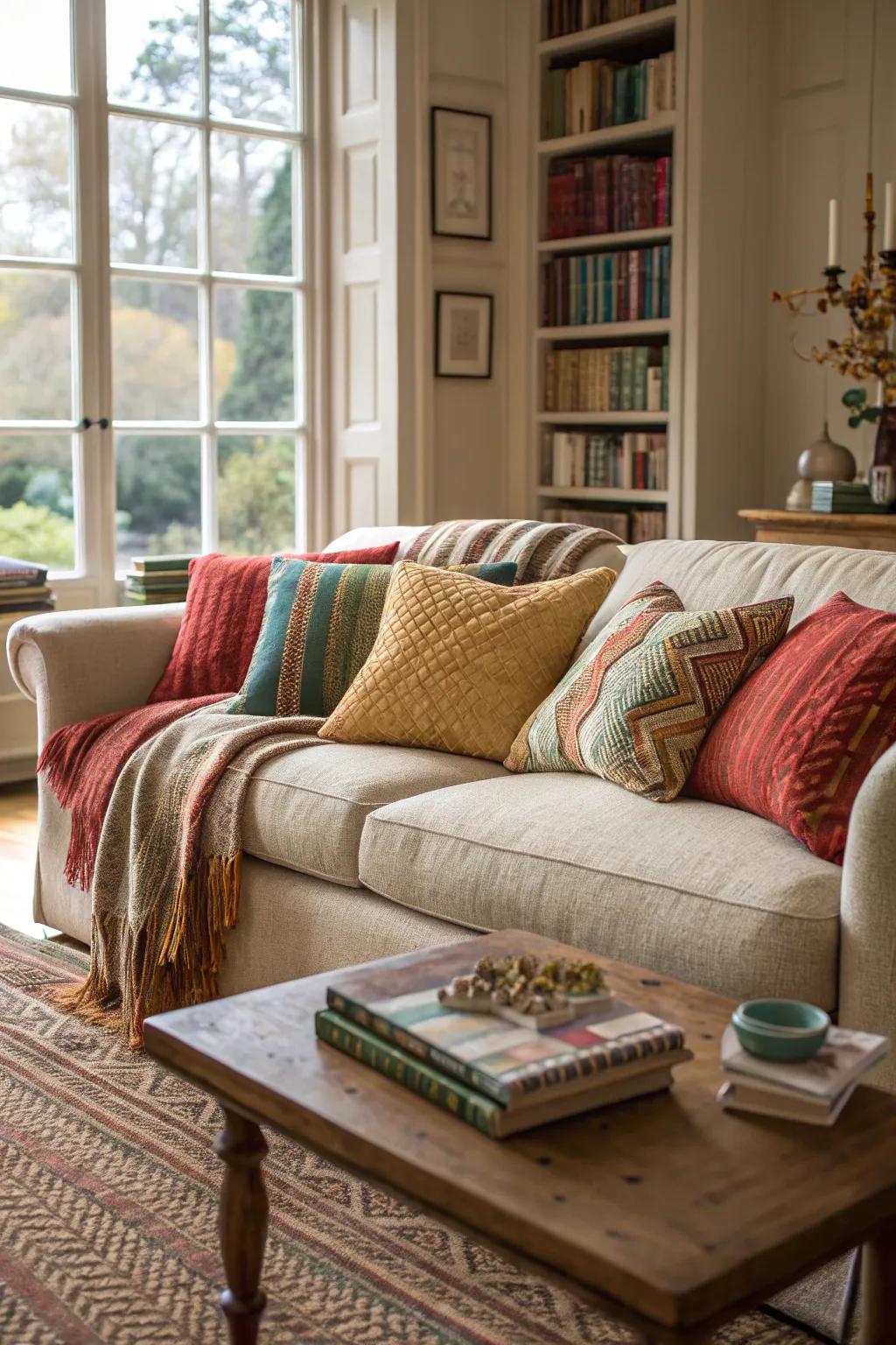 A sophisticated living room where layers of textiles enrich the space, adding to its warmth and visual interest.