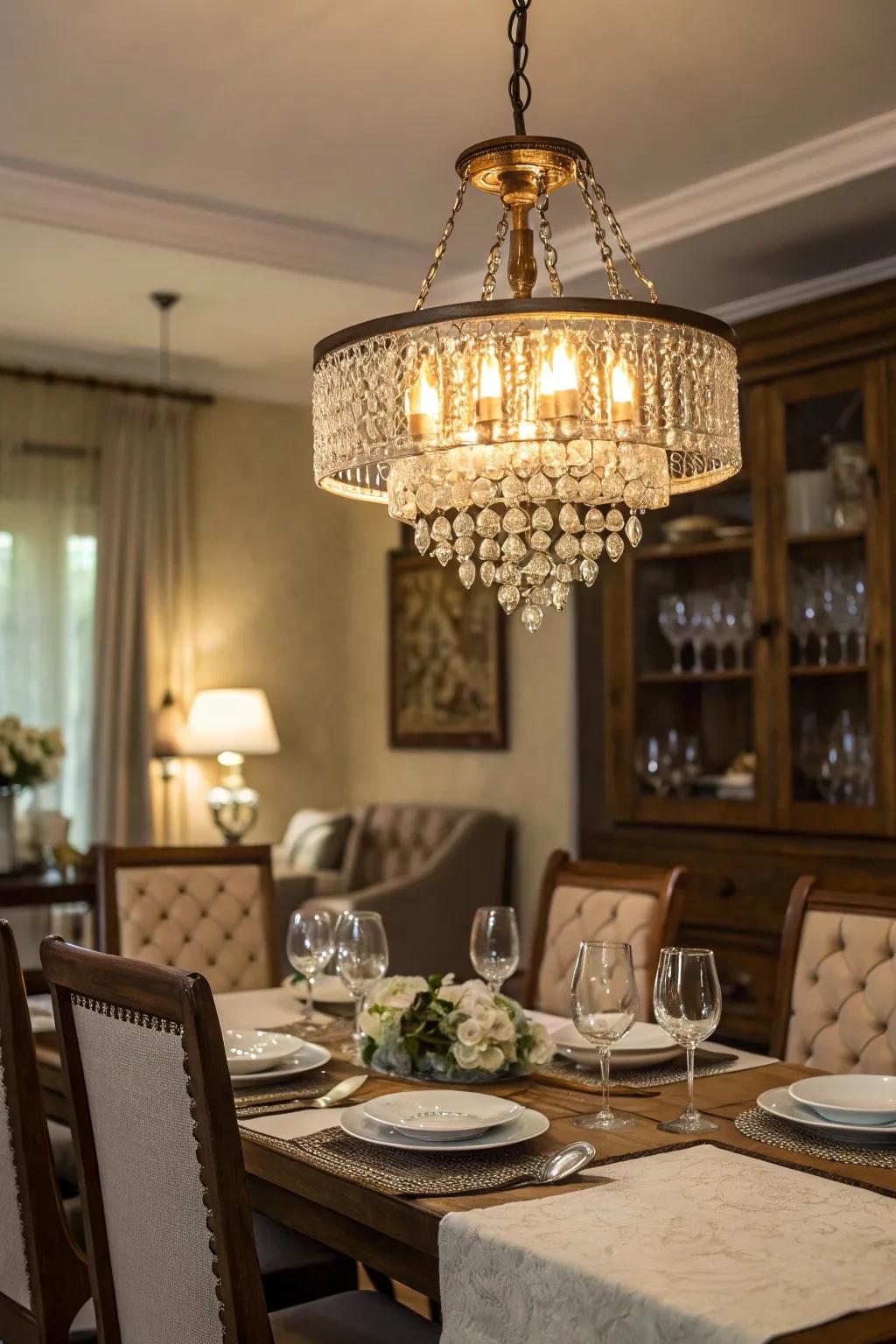 A magnificent chandelier illuminates a dining area.