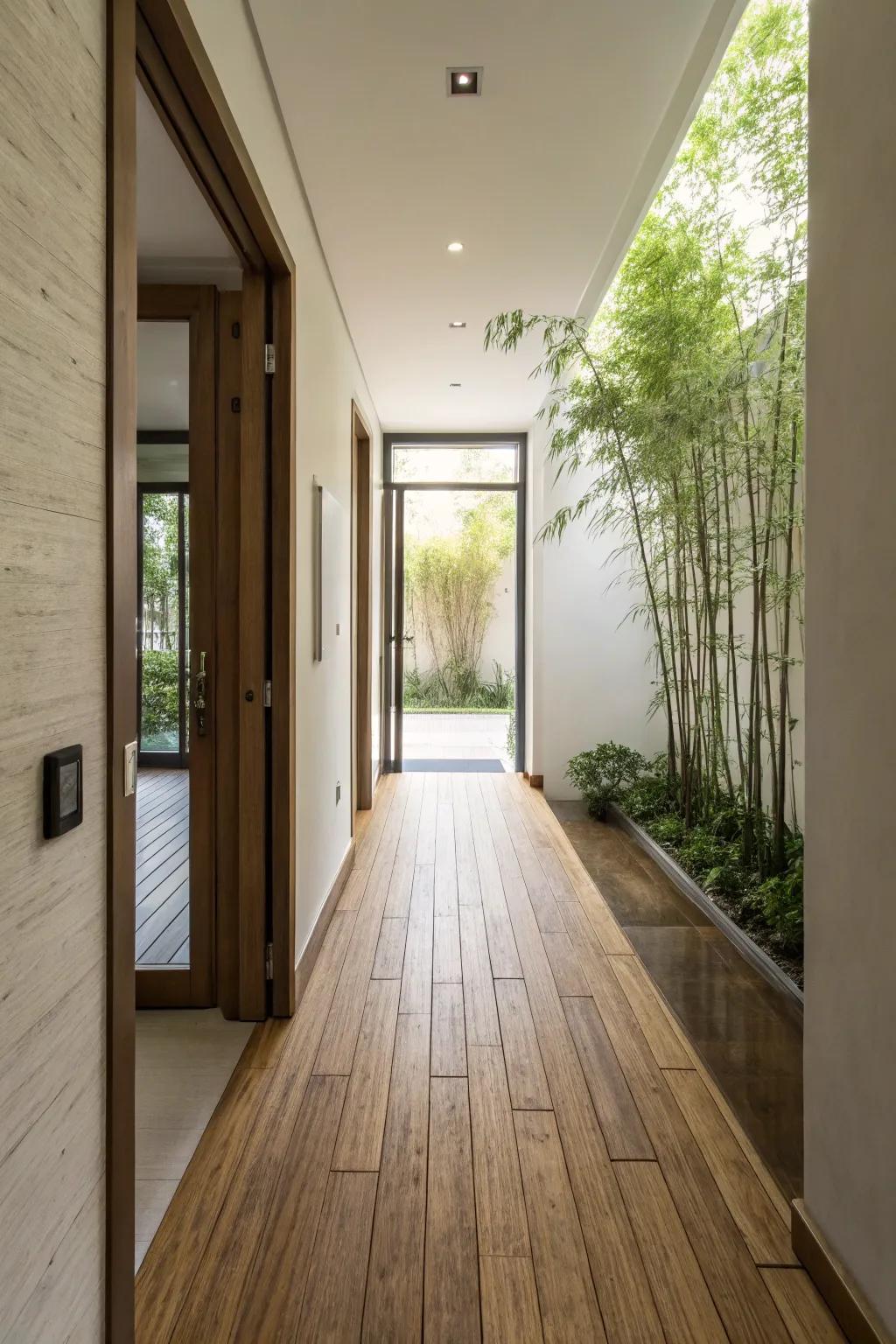 Bamboo flooring presents a sustainable and contemporary alternative for slender hallways.