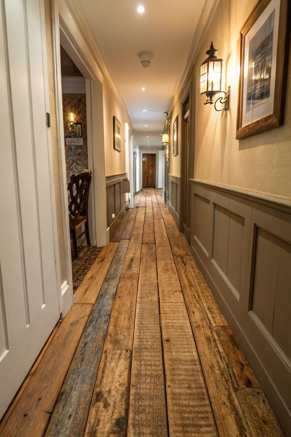 Salvaged timber infuses vintage allure and sustainability into your hallway.