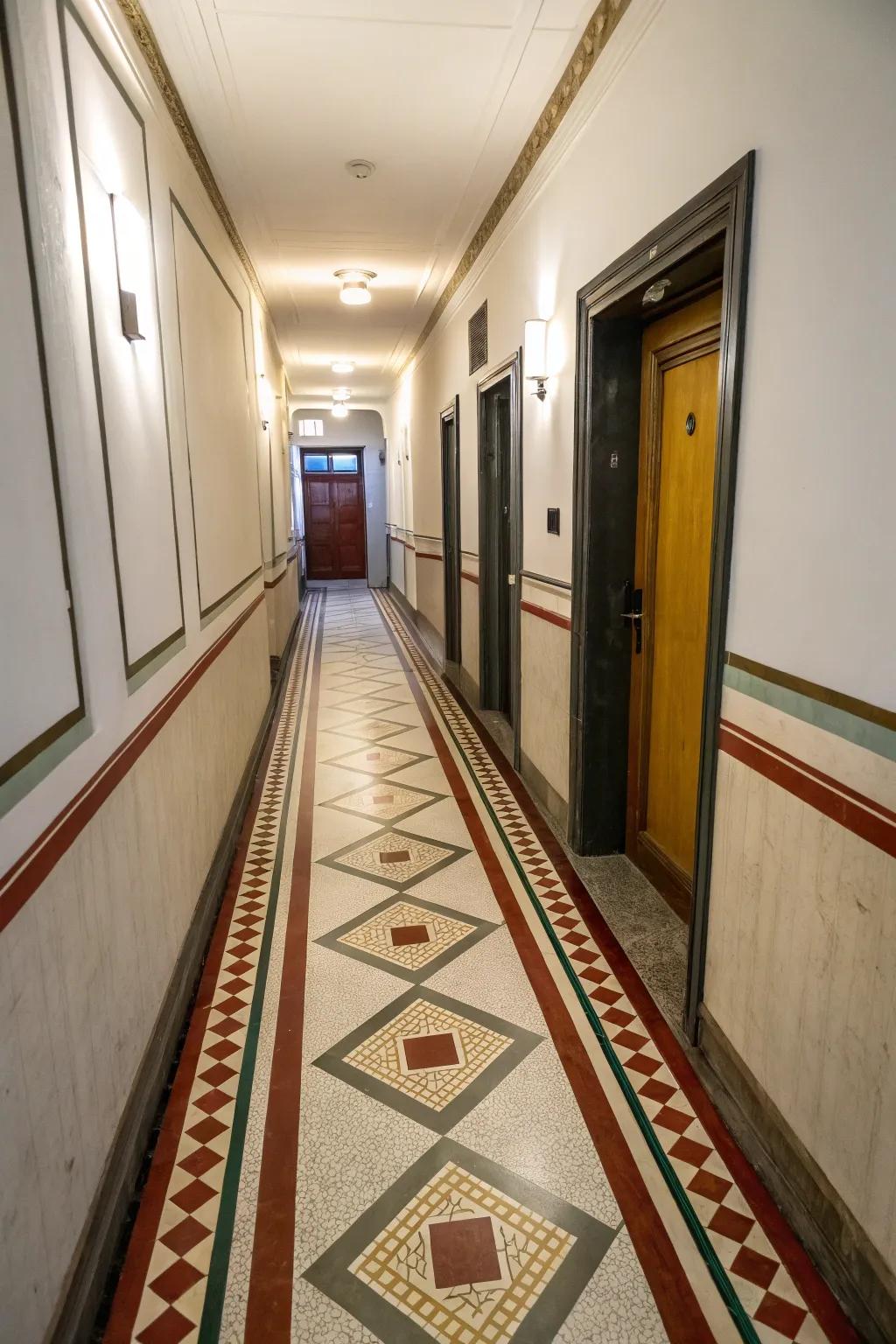 Contrasting borders define and frame the ground area within a slender hallway.