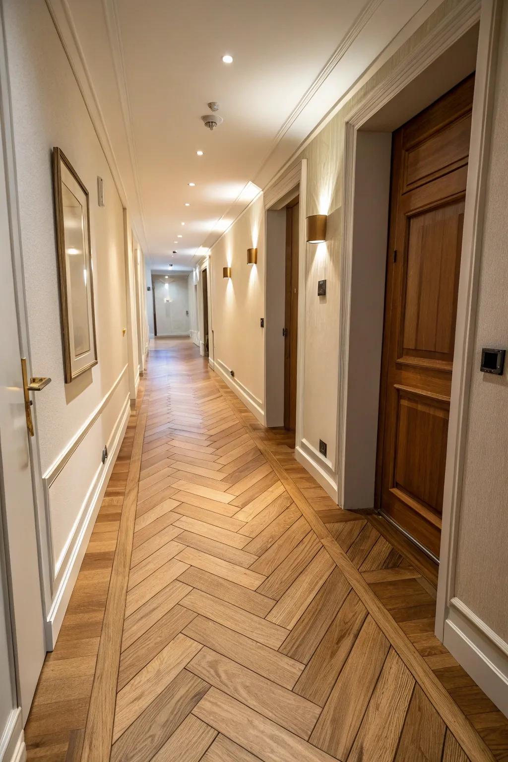 Herringbone wooden flooring elevates the sophisticated appeal of your hallway.