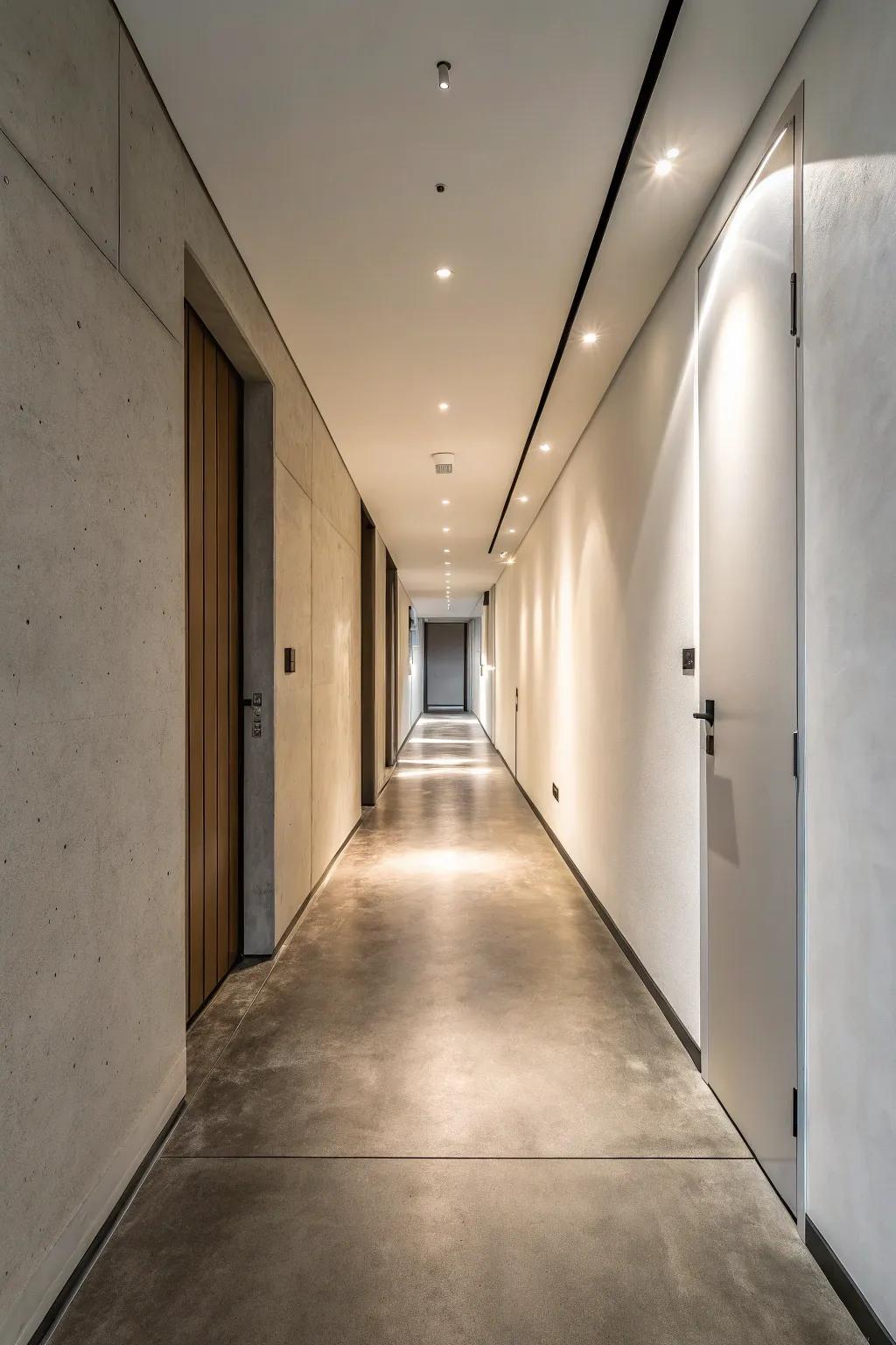 Concrete flooring imparts a sophisticated, contemporary aesthetic to slender hallways.