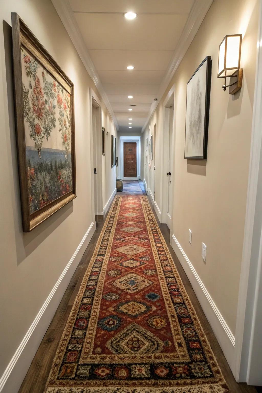 Extended runners infuse warmth and definition into a slender hallway.
