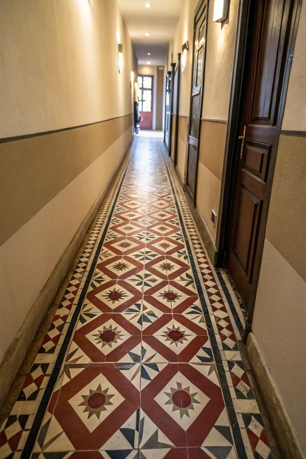 Striking patterned tiles have the power to transform the ambiance of a narrow hallway.
