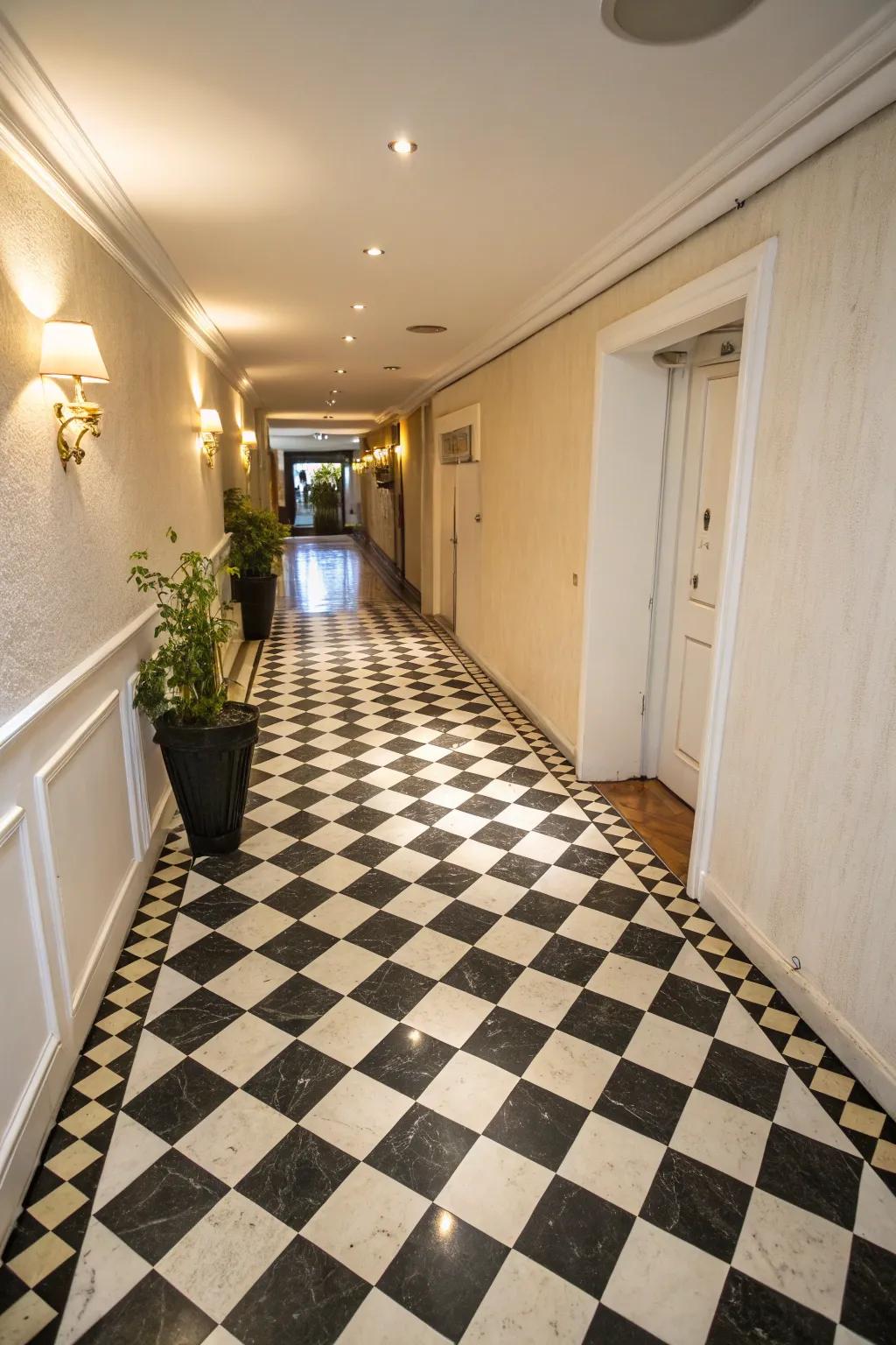 Checkerboard flooring contributes a classic and vibrant touch to slender hallways.