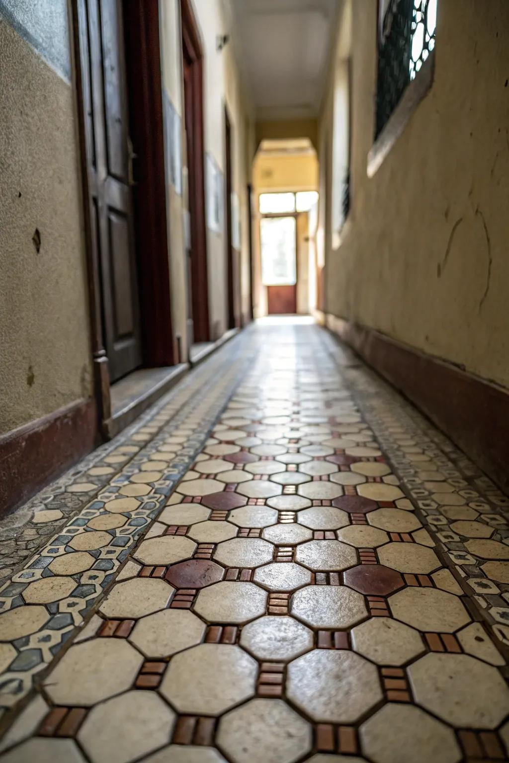 Hexagonal squares infuse a distinctive geometric element into slender hallways.