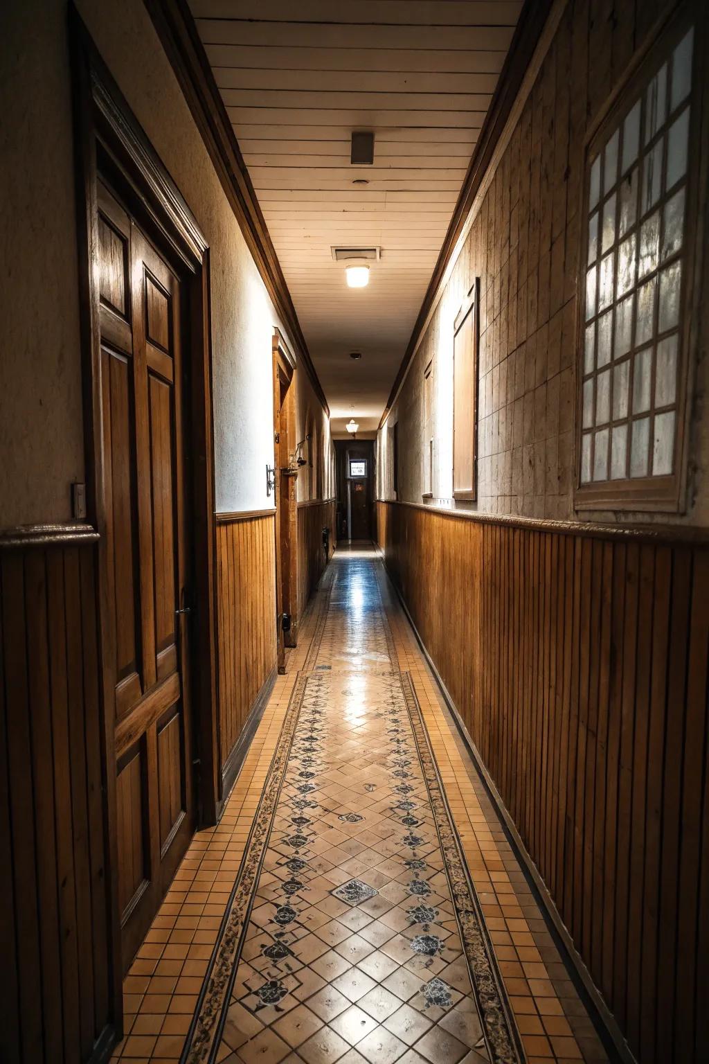 Blending various materials can enrich visual depth in slender hallway ground designs.