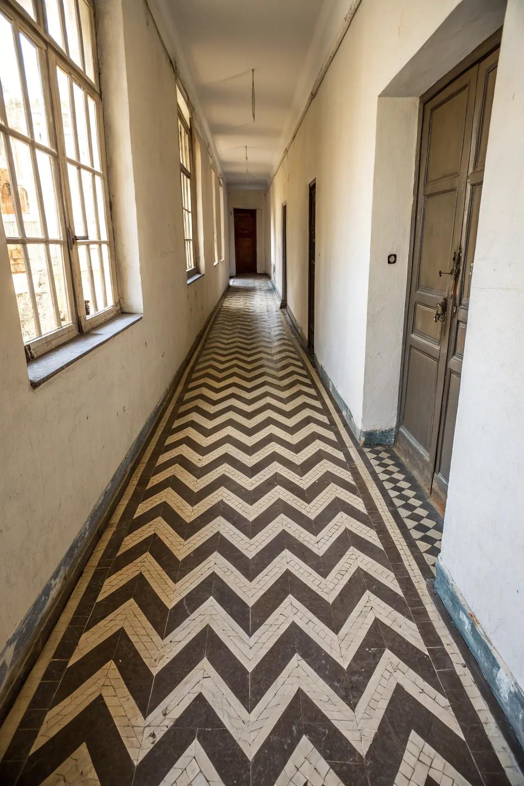 Chevron designs have the potential to visually amplify the length of a slender hallway.