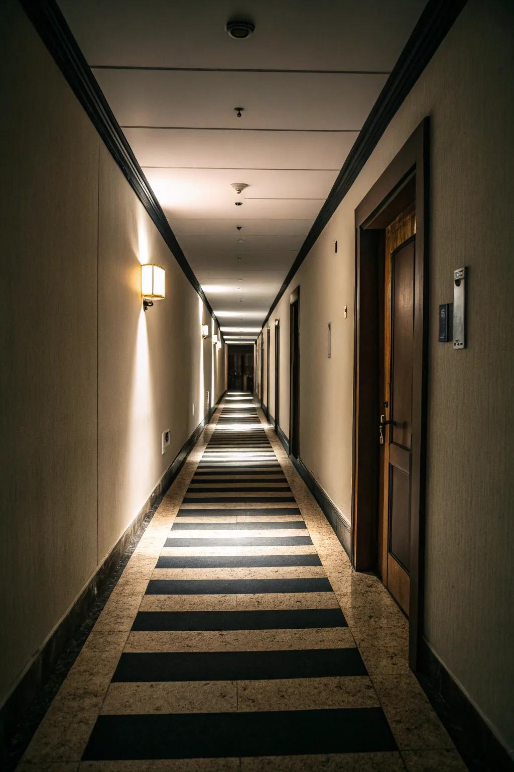 Alternating light and dark tones evokes a vibrant contrast within slender hallways.