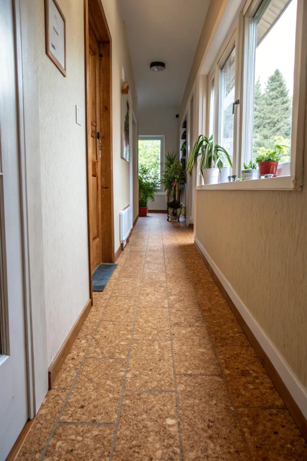 Cork flooring delivers a gentle and eco-conscious alternative for slender hallways.