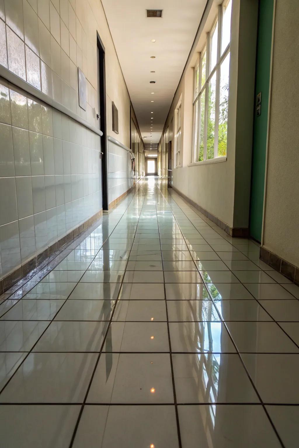 Glass squares enrich brightness and a sophisticated finish to slender hallways.
