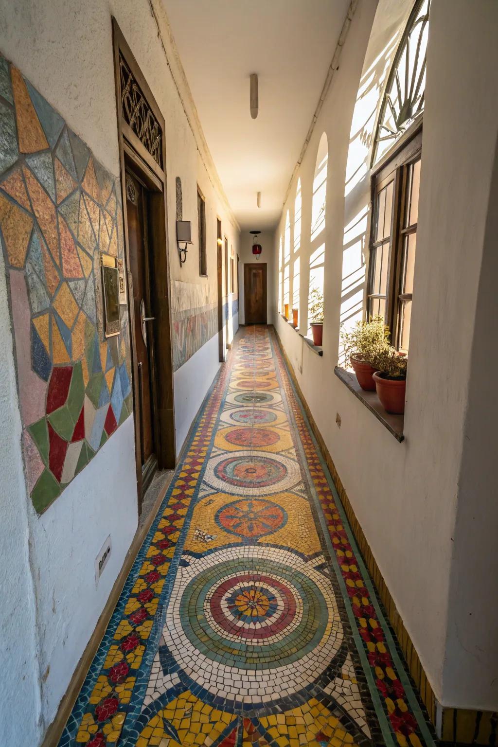 Mosaic squares contribute a colorful and artistic element to slender hallways.