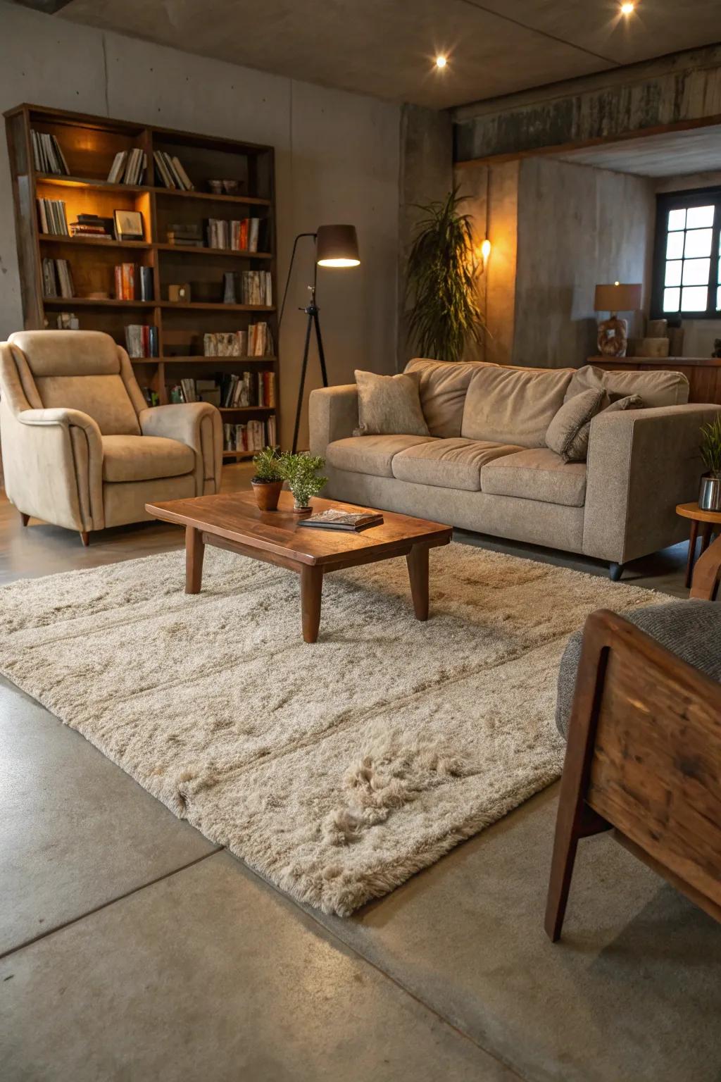 Soft rugs bring a layer of warmth and texture to the sleekness of concrete floors.
