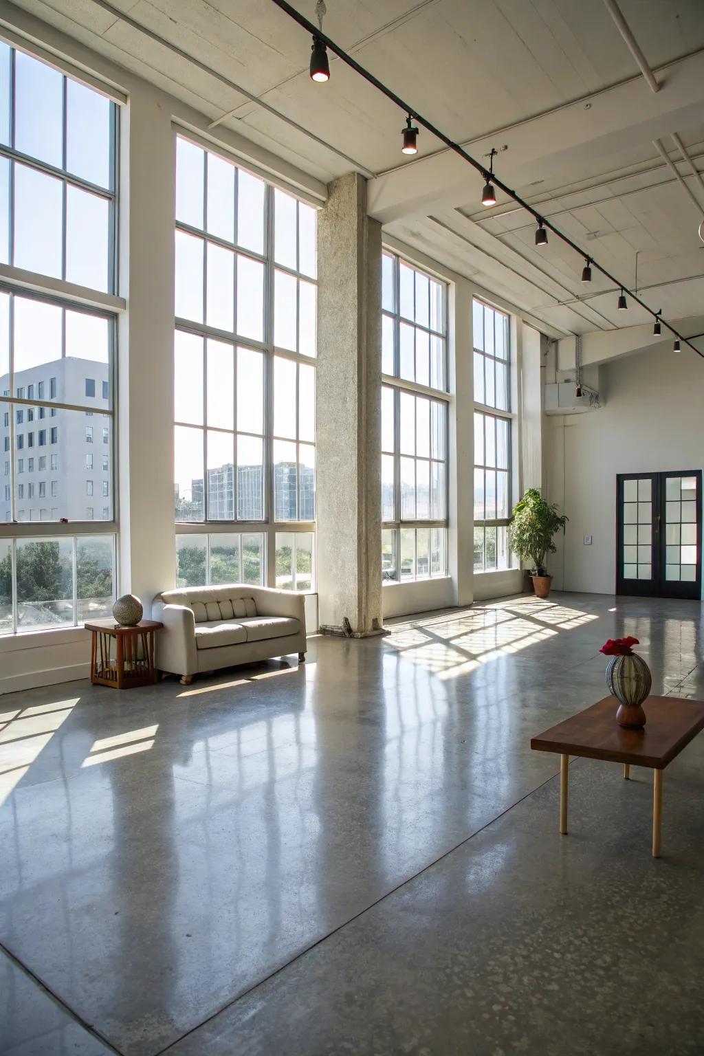The gleaming polished concrete floors impart a sophisticated luster to this bright, airy room.