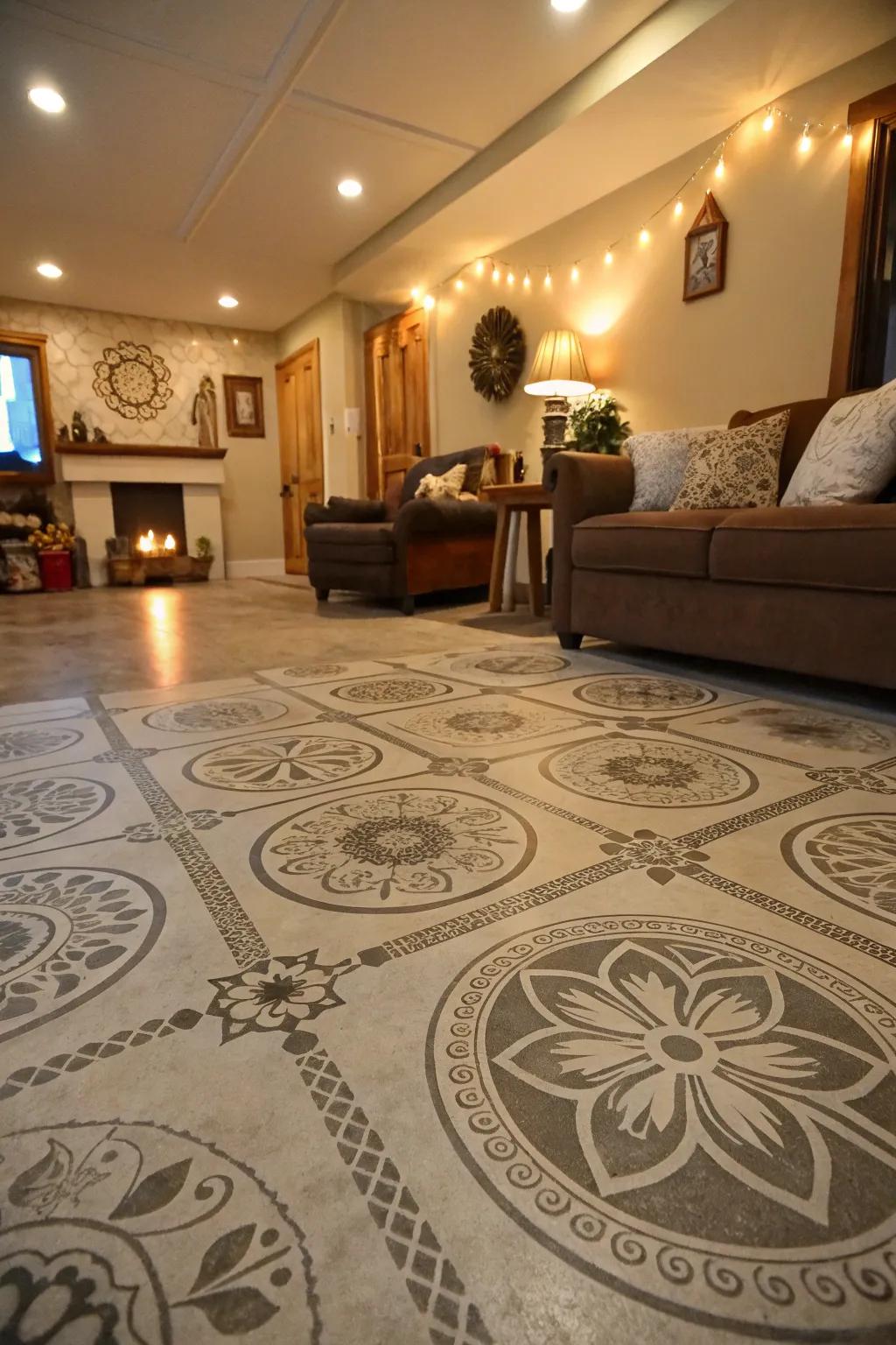 Stenciled designs on concrete floors inject personality and charm.