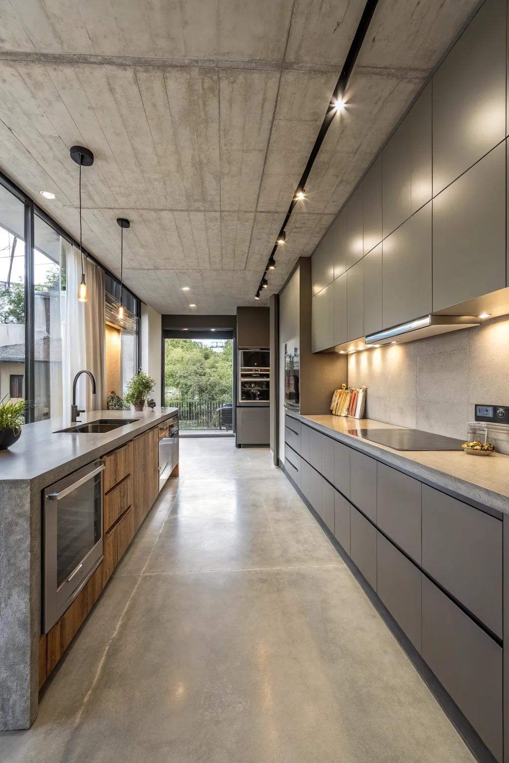 Concrete floors in the kitchen blend practicality with stylish design.