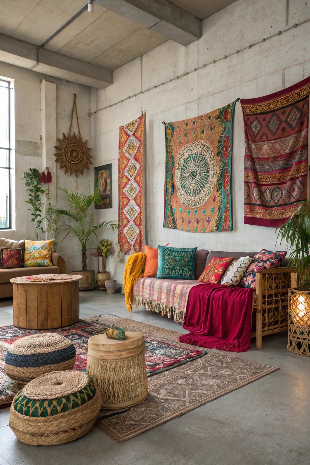 Concrete floors beautifully complement the vibrant and eclectic bohemian style.