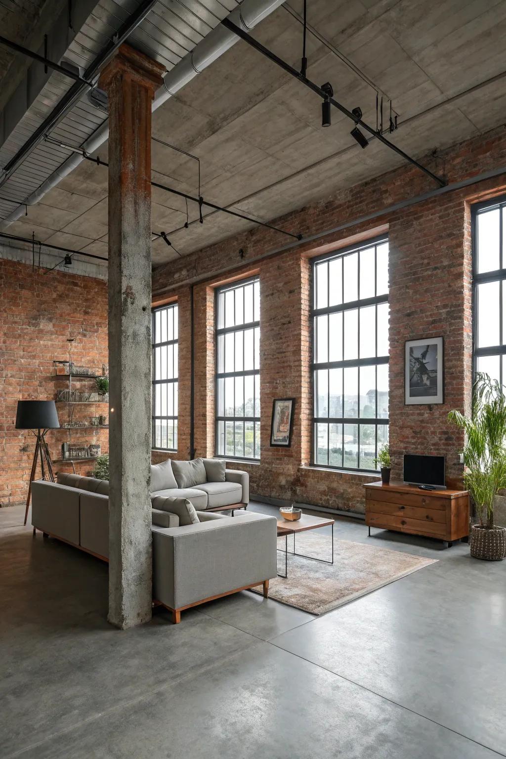 Industrial charm is skillfully captured with concrete floors and the stark beauty of exposed brick.