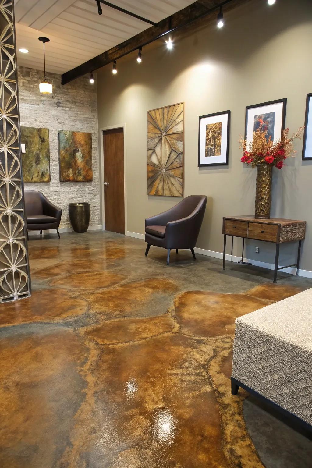 Acid-washed concrete floors provide a unique, artistic finish.