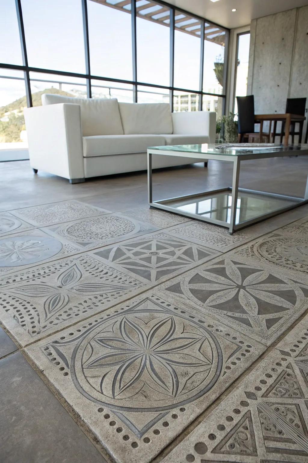 Geometric designs etched into concrete floors create a striking, modern impression.