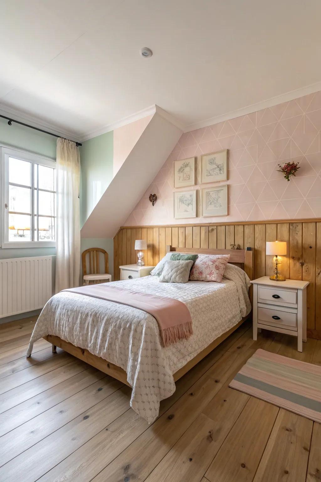 A pastel accent wall highlighting light wood flooring.