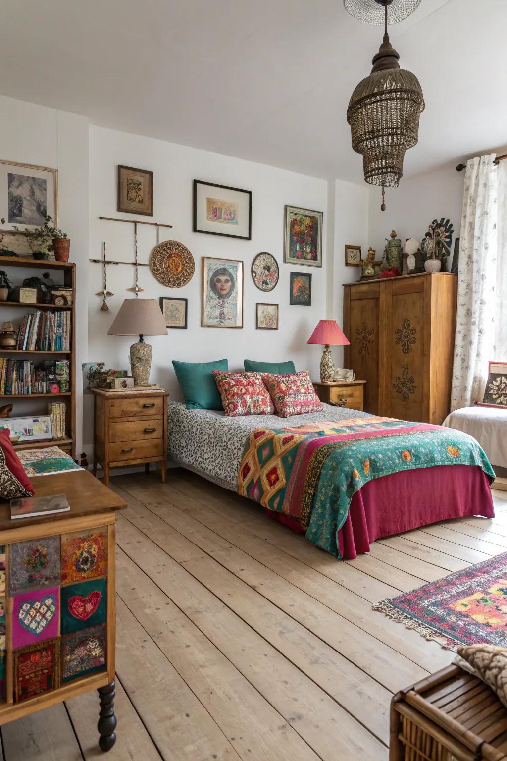 An eclectic mix creating a personalized space with light wood floors.