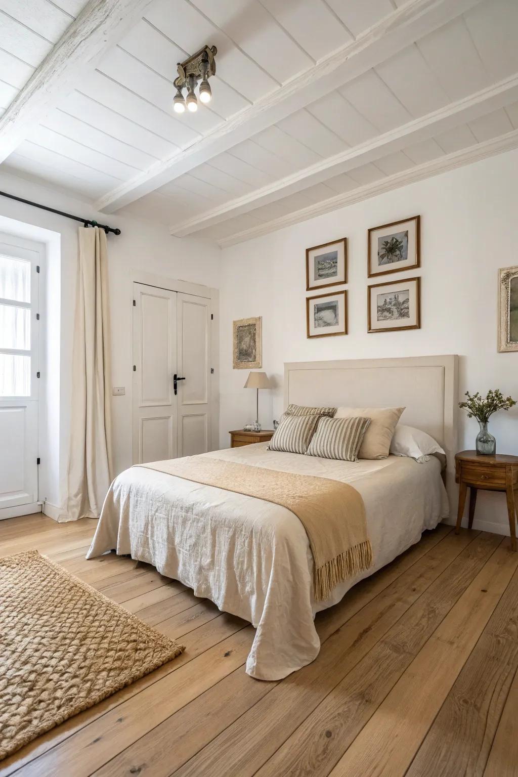 Neutral tones complementing light wood flooring for a soothing ambiance.