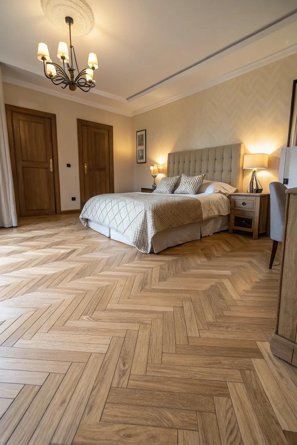 Herringbone patterns adding elegance to light wood flooring.