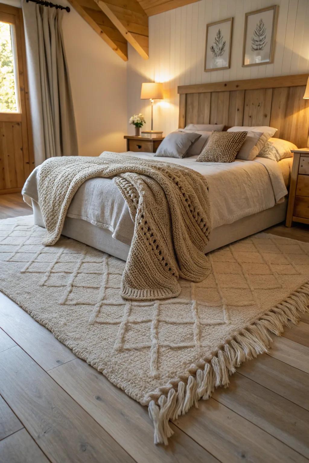 Textural layers enhancing warmth in a light wood floor bedroom.