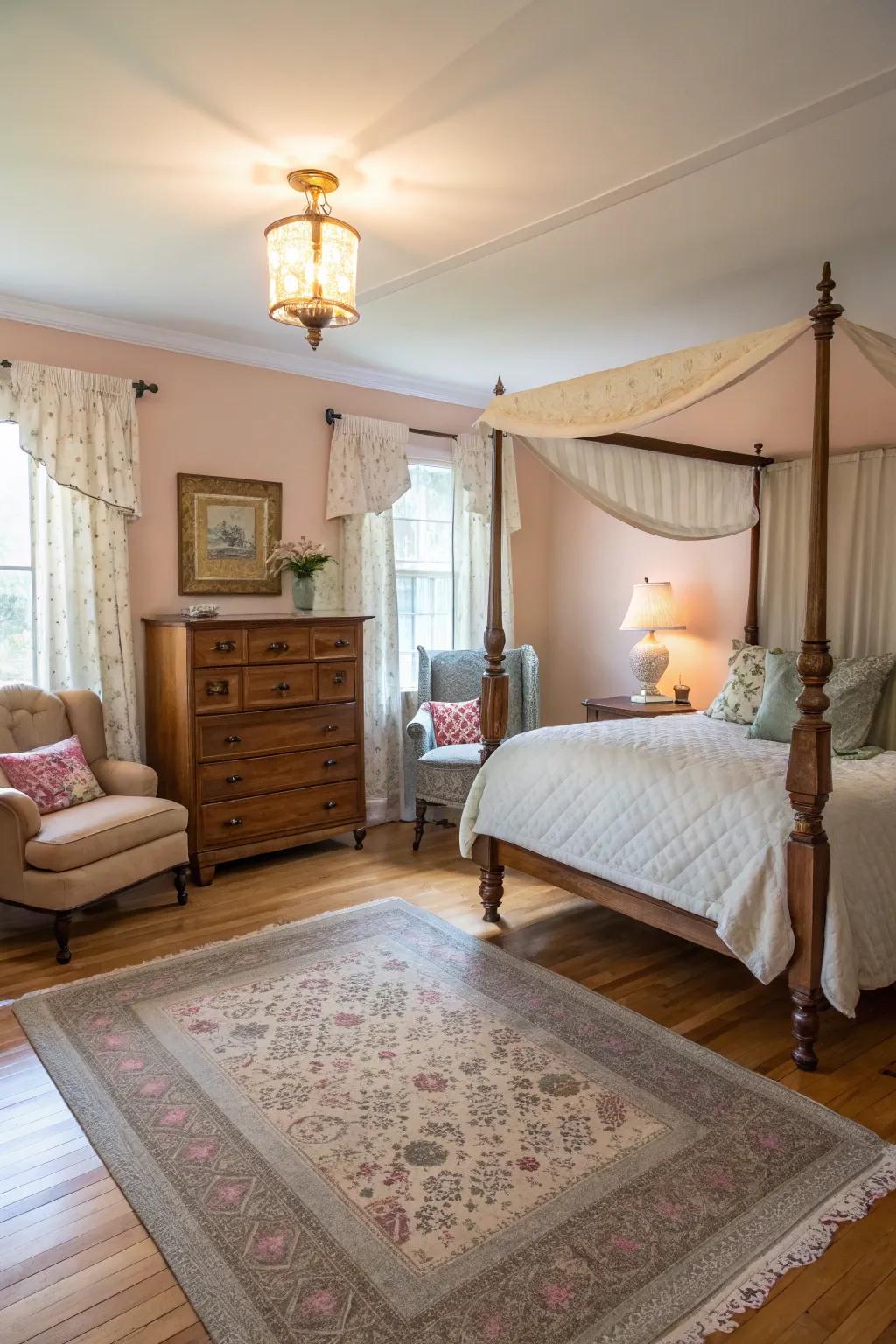 Vintage elements bringing charm to a light wood floor bedroom.