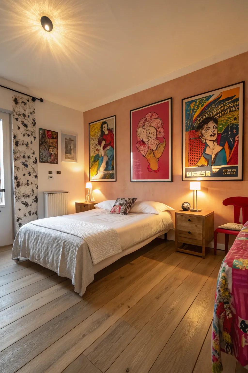 Bold artwork adding personality to a light wood floor bedroom.