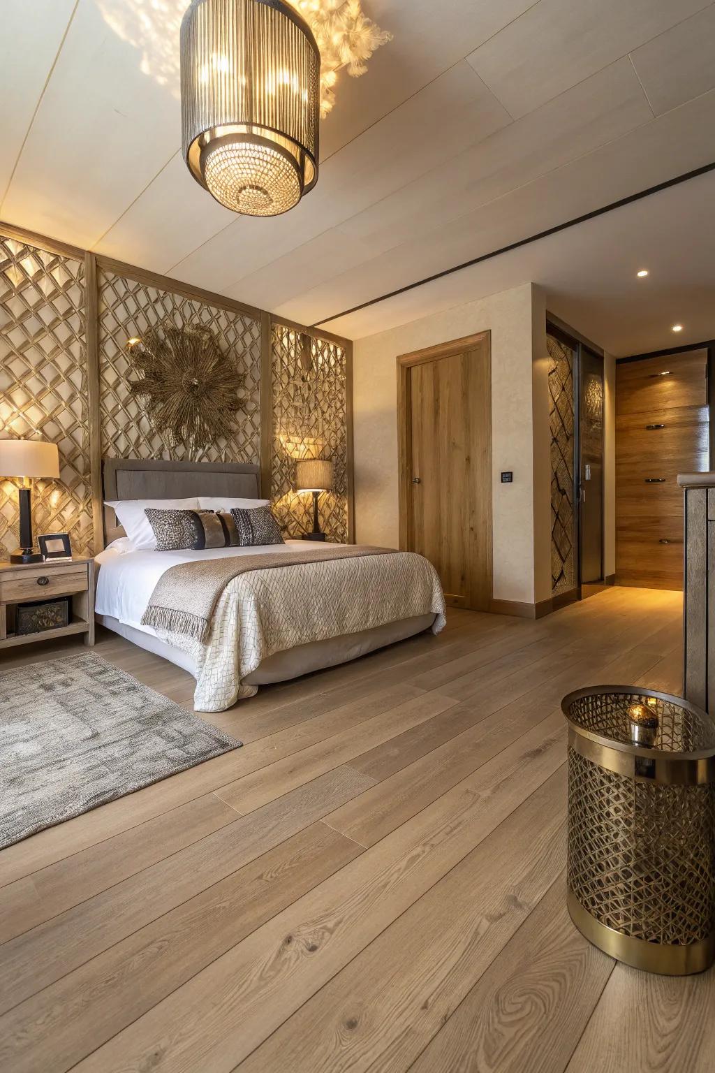 Metallic accents bringing luxury to a light wood floor bedroom.