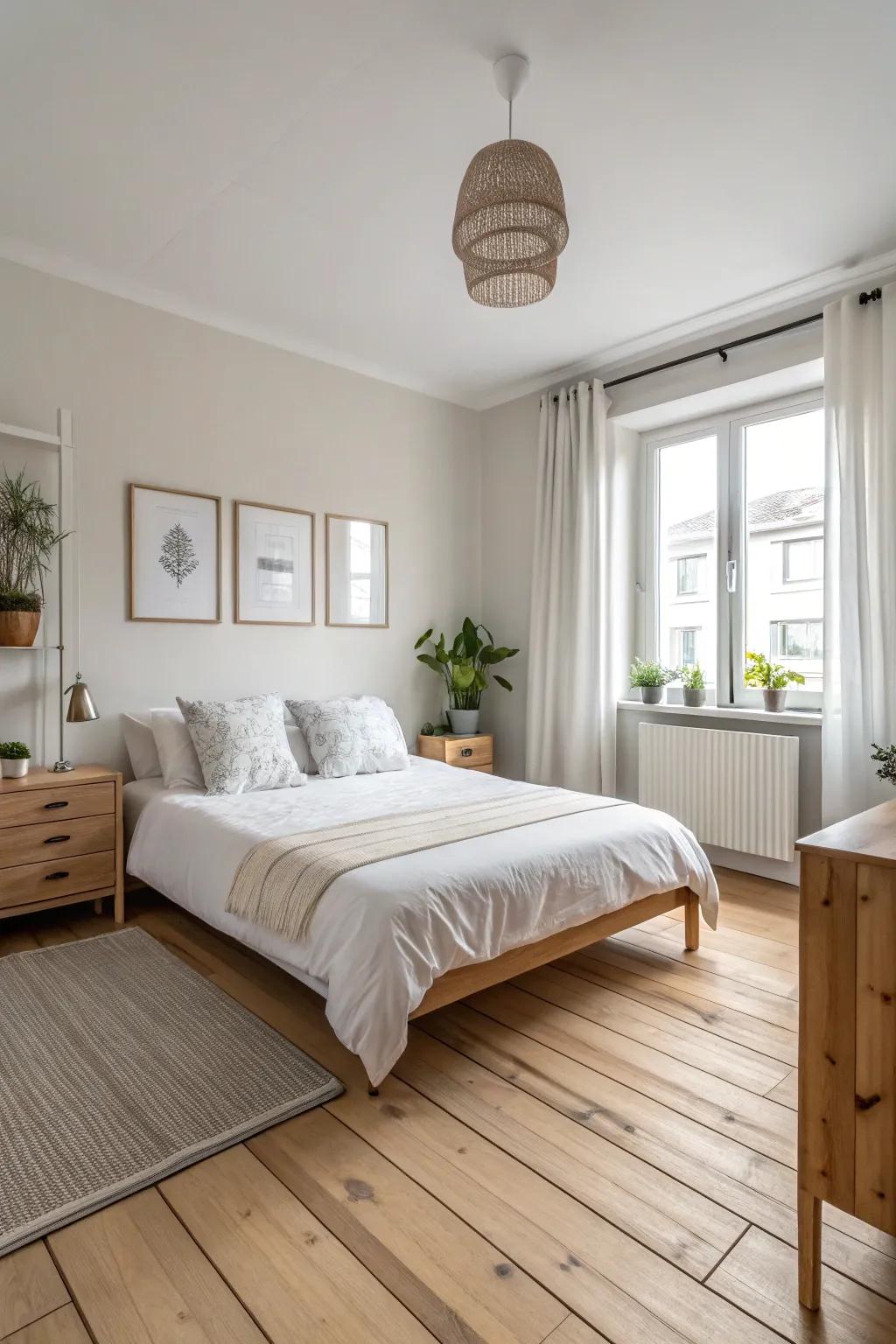 Scandinavian design harmonizing with light wood flooring.
