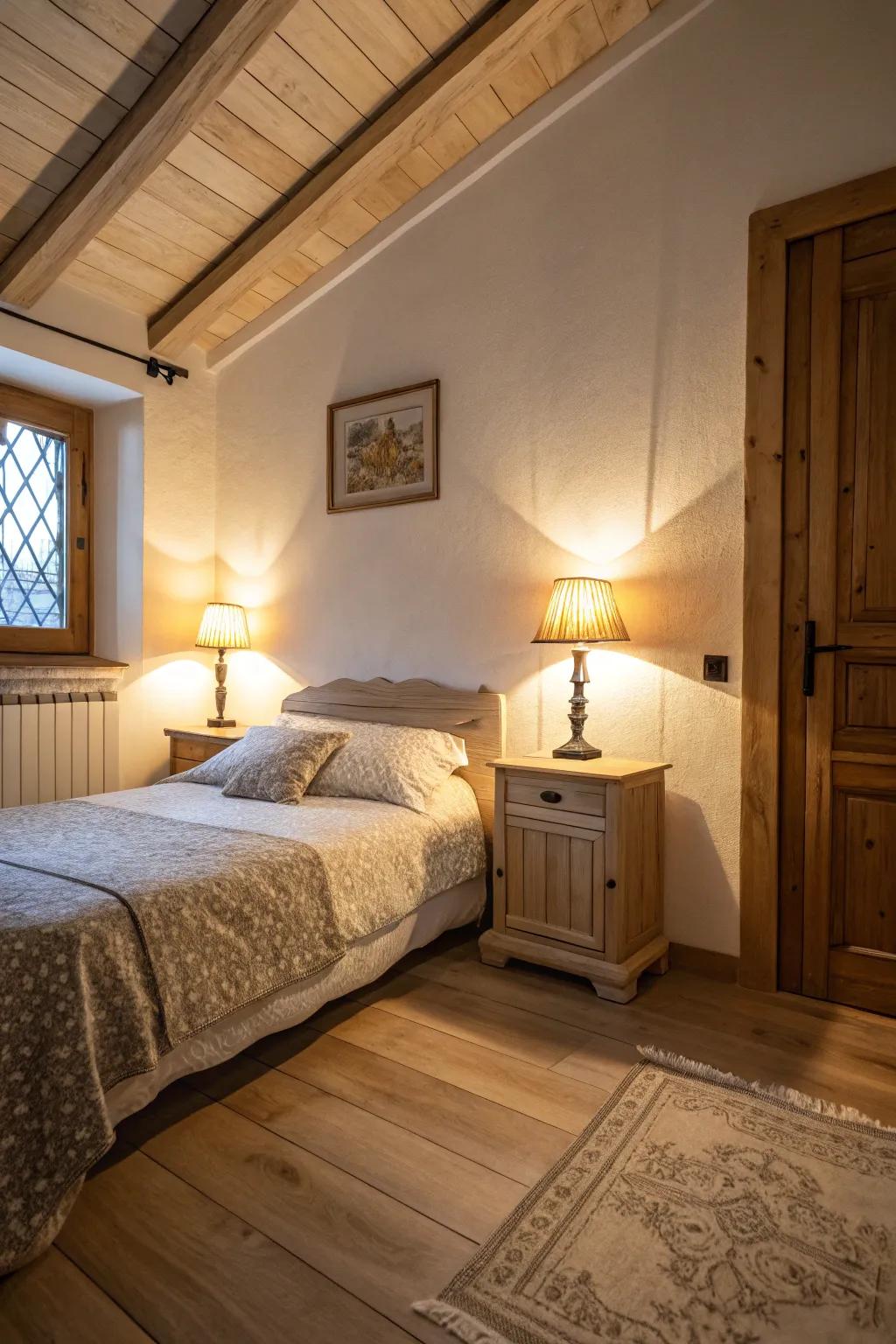 Warm lighting enhancing the coziness of a light wood floor bedroom.