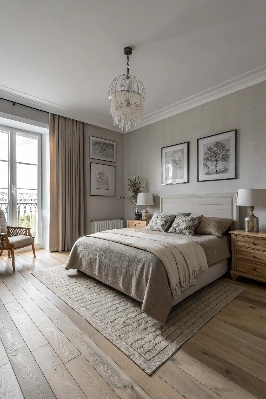 A monochromatic scheme enhancing the elegance of light wood flooring.