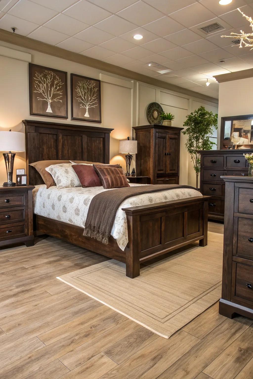 Dark furniture creating contrast with light wood flooring.