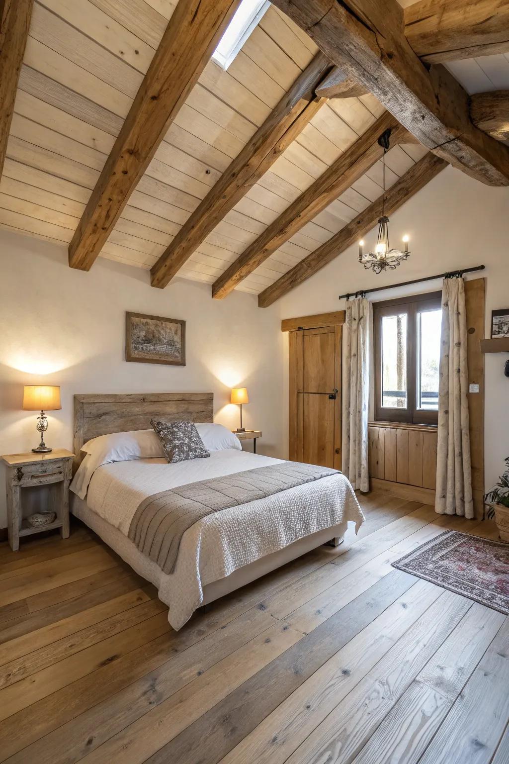 Rustic elements adding warmth to a light wood floor bedroom.