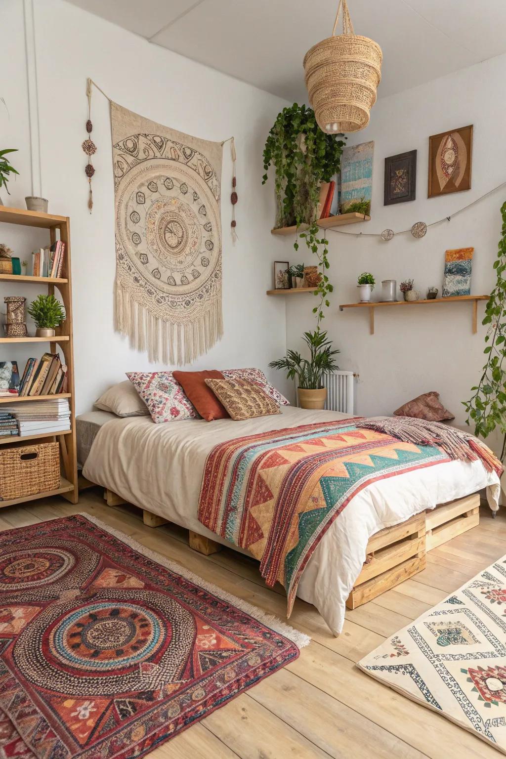 A bohemian vibe adding color and energy to a light wood floor bedroom.