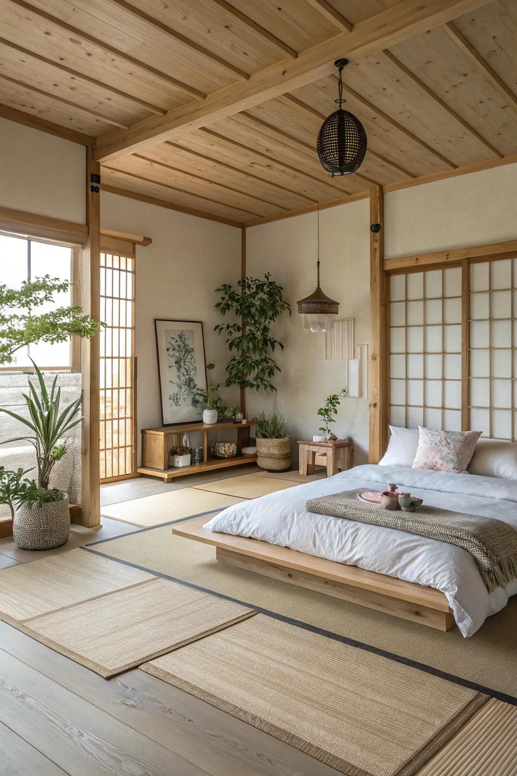 A Zen retreat fostering tranquility with light wood flooring.