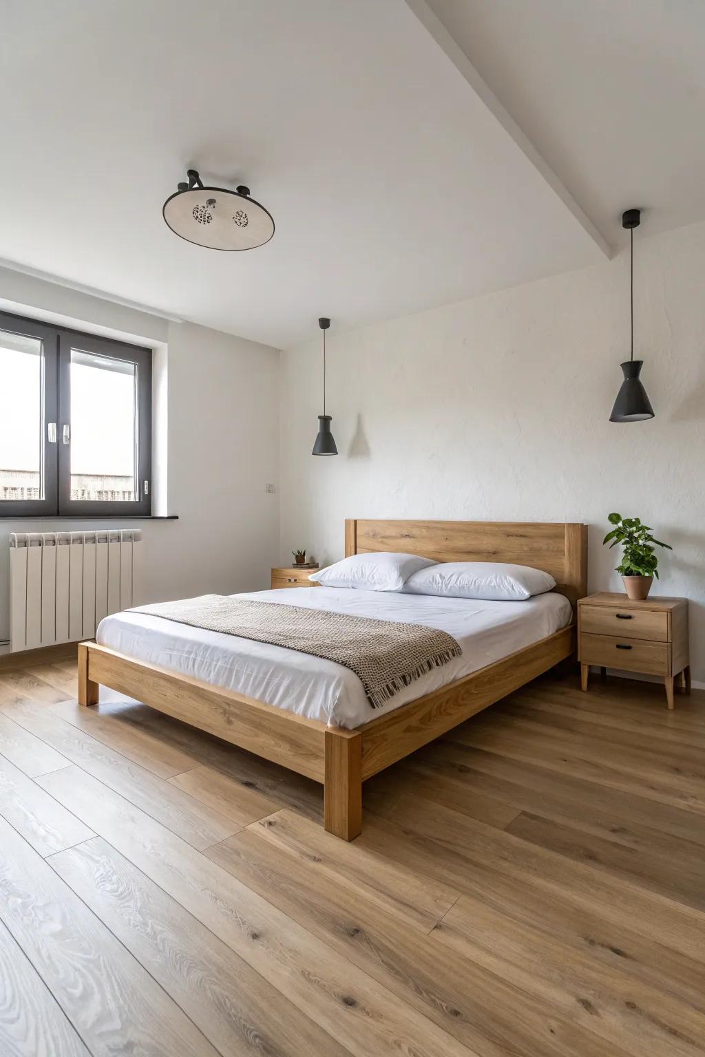 Minimalist decor highlighting the spaciousness of a bedroom with light wood floors.