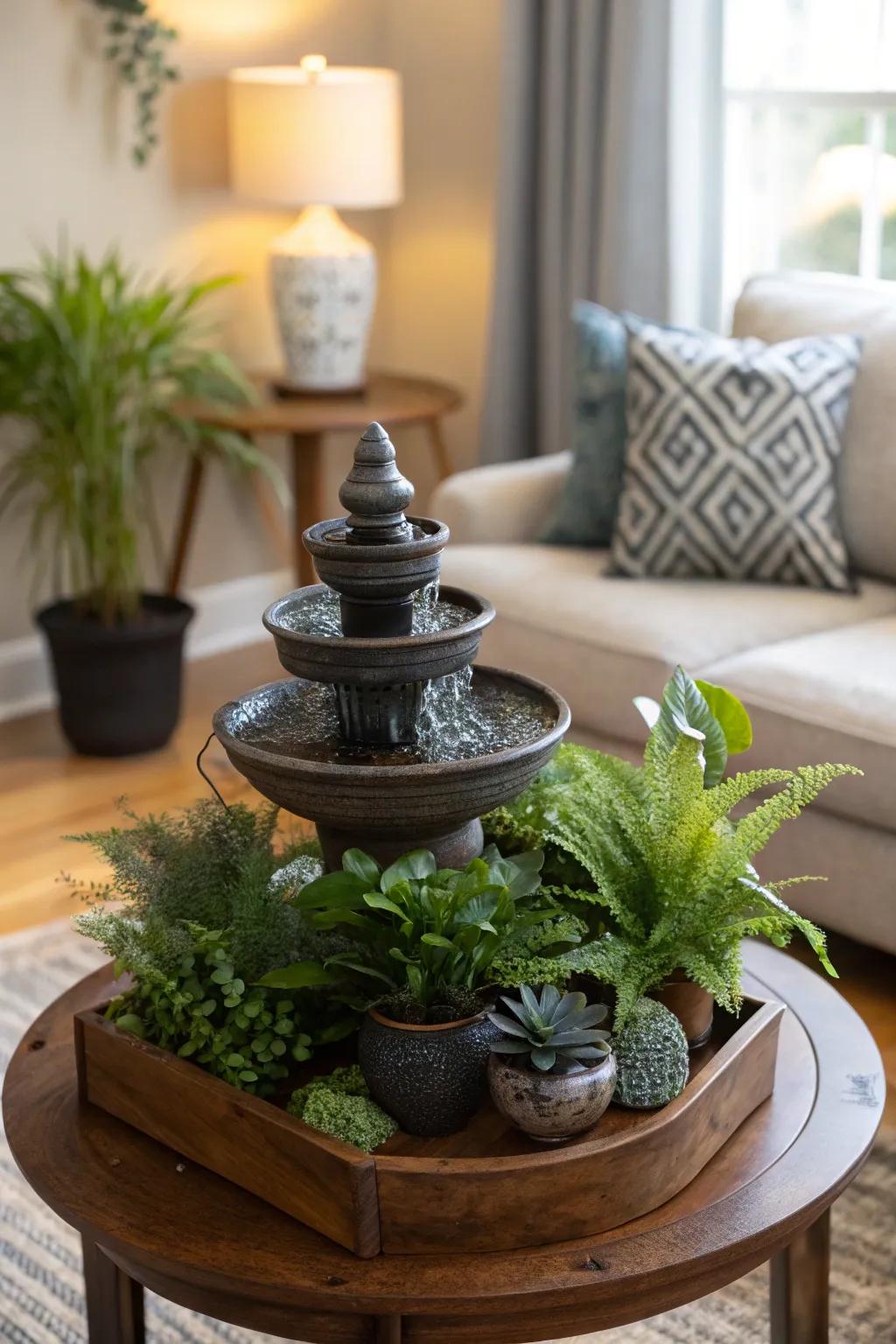 Introduce a water-based element to cultivate a soothing rainforest-inspired atmosphere.