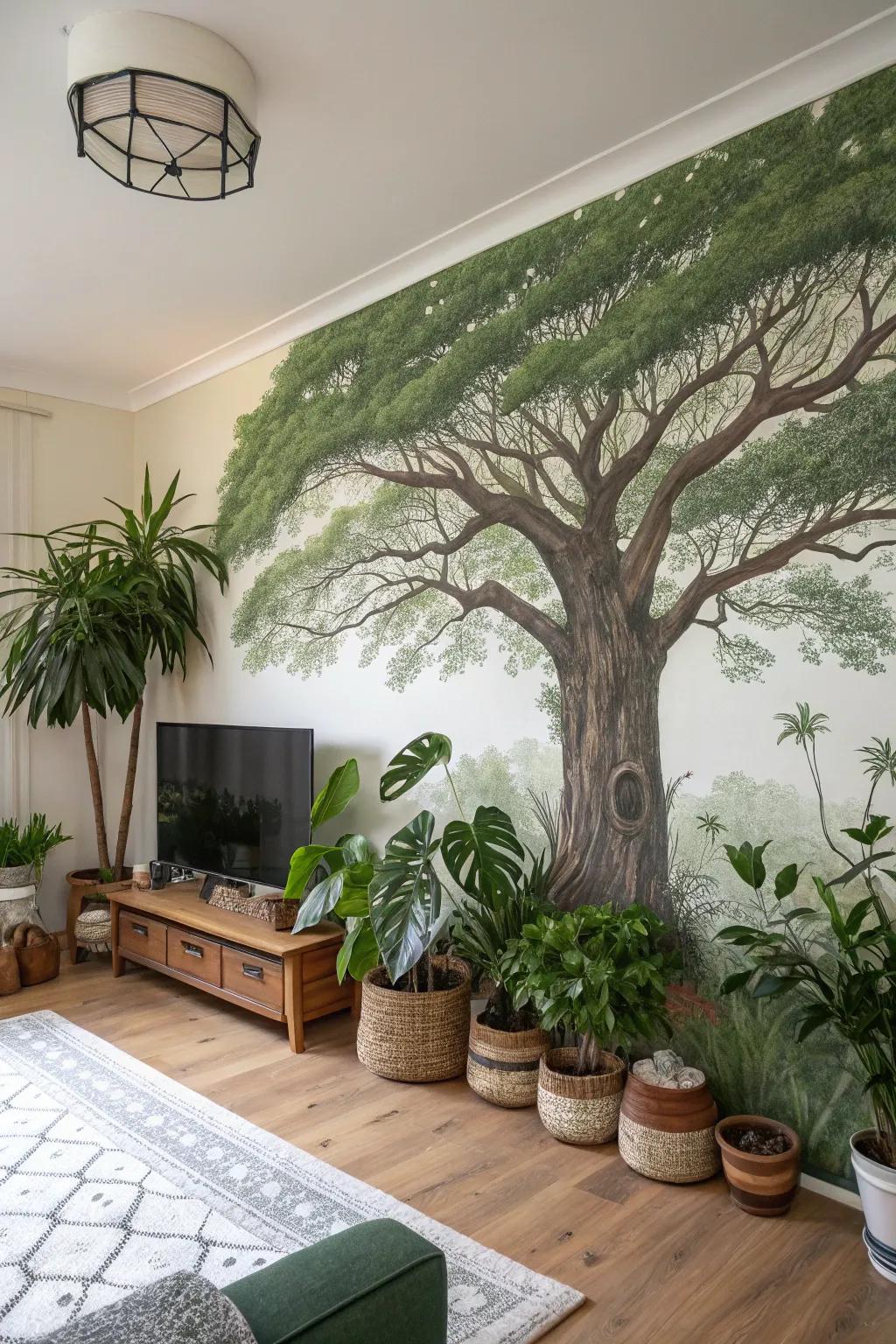 Establish a captivating point of focus through the implementation of an arboreal mural.