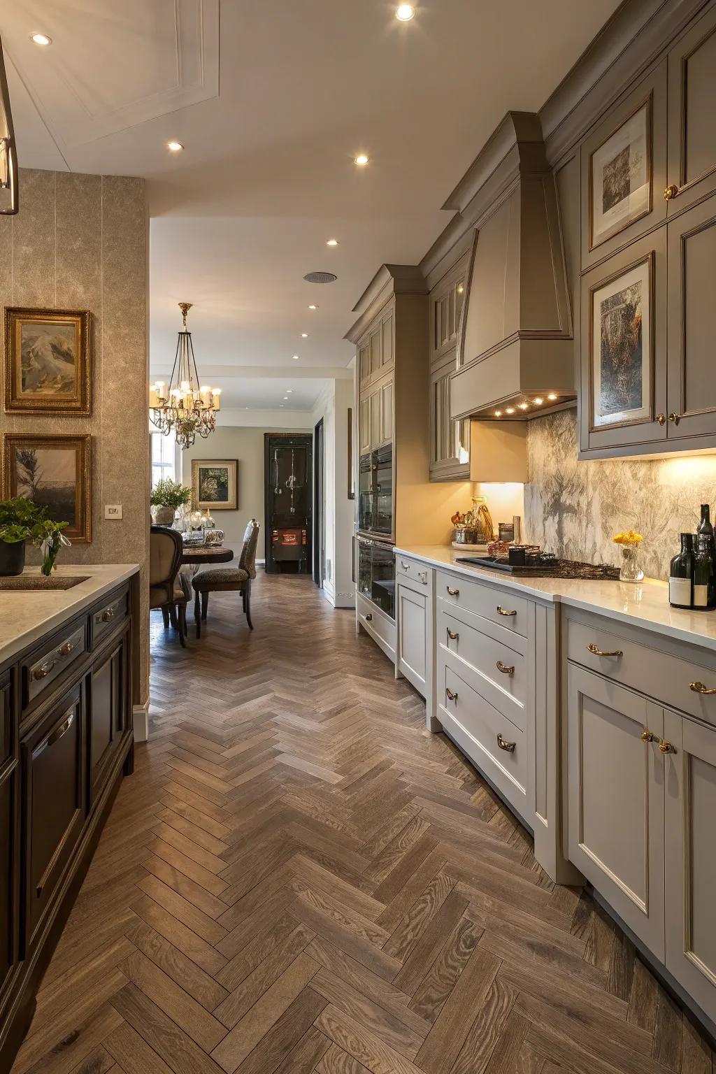 Herringbone patterns bring sophistication and visual interest to kitchen floors.