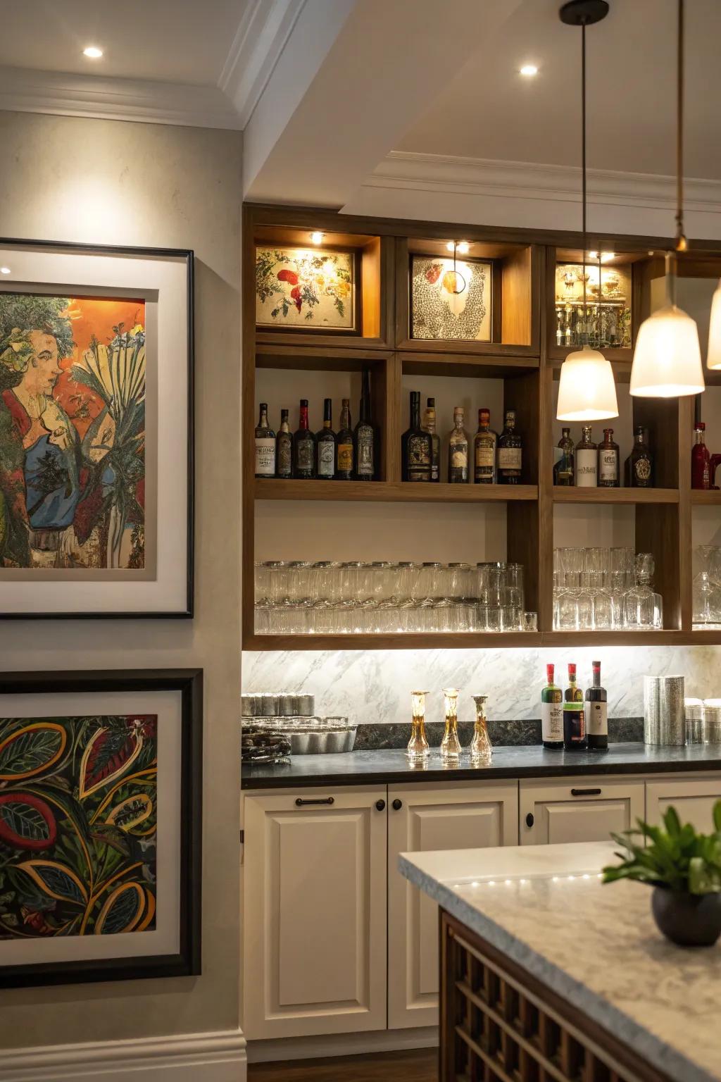 Spotlights underscore pivotal components within the bar.