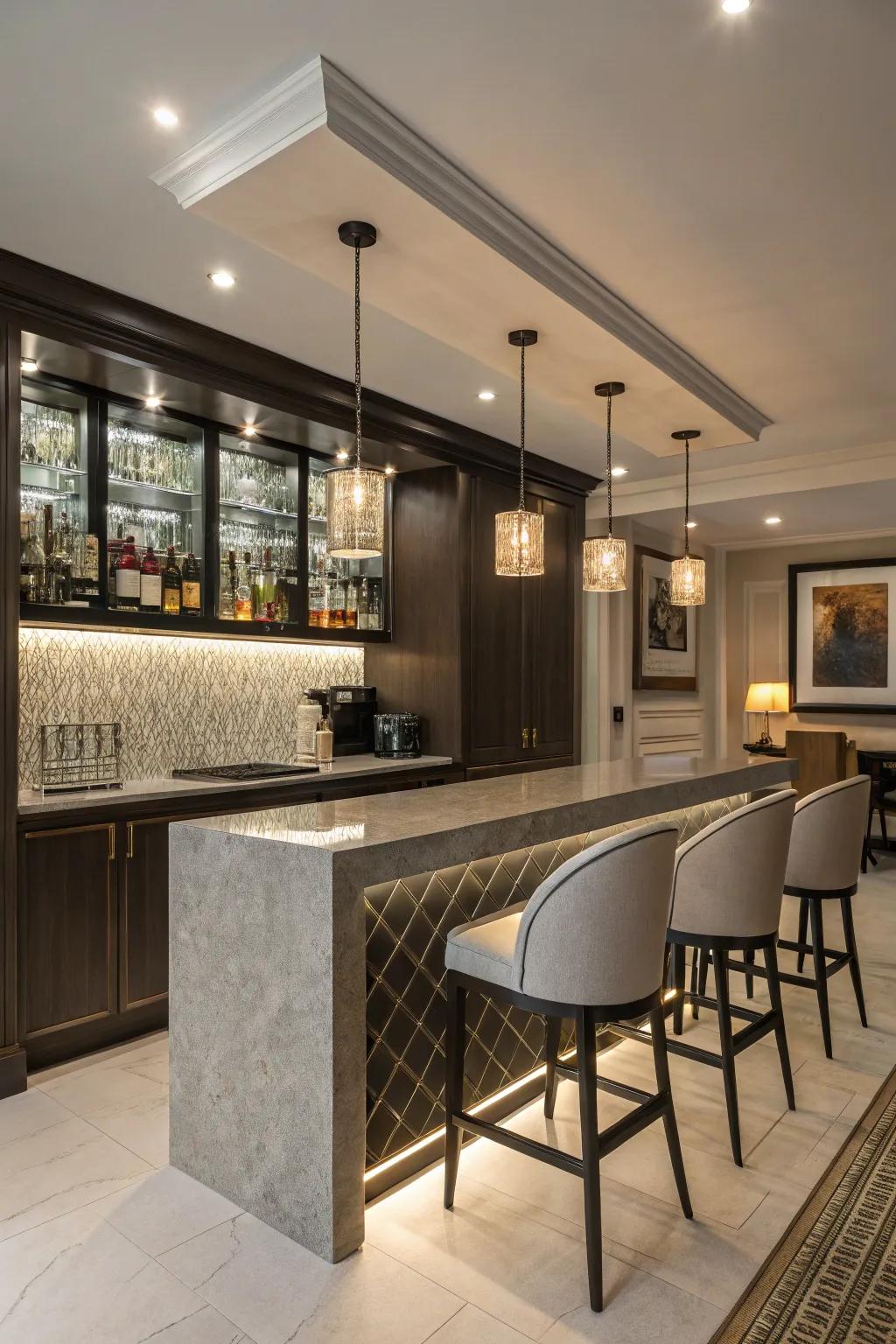 Contemporary fixtures contribute a polished and ultramodern aspect to the bar.