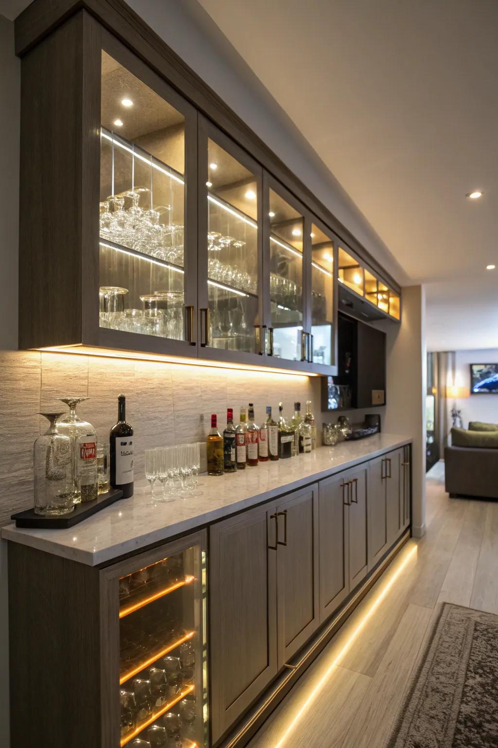 LED strips positioned beneath counters furnish subdued and ultramodern radiance.